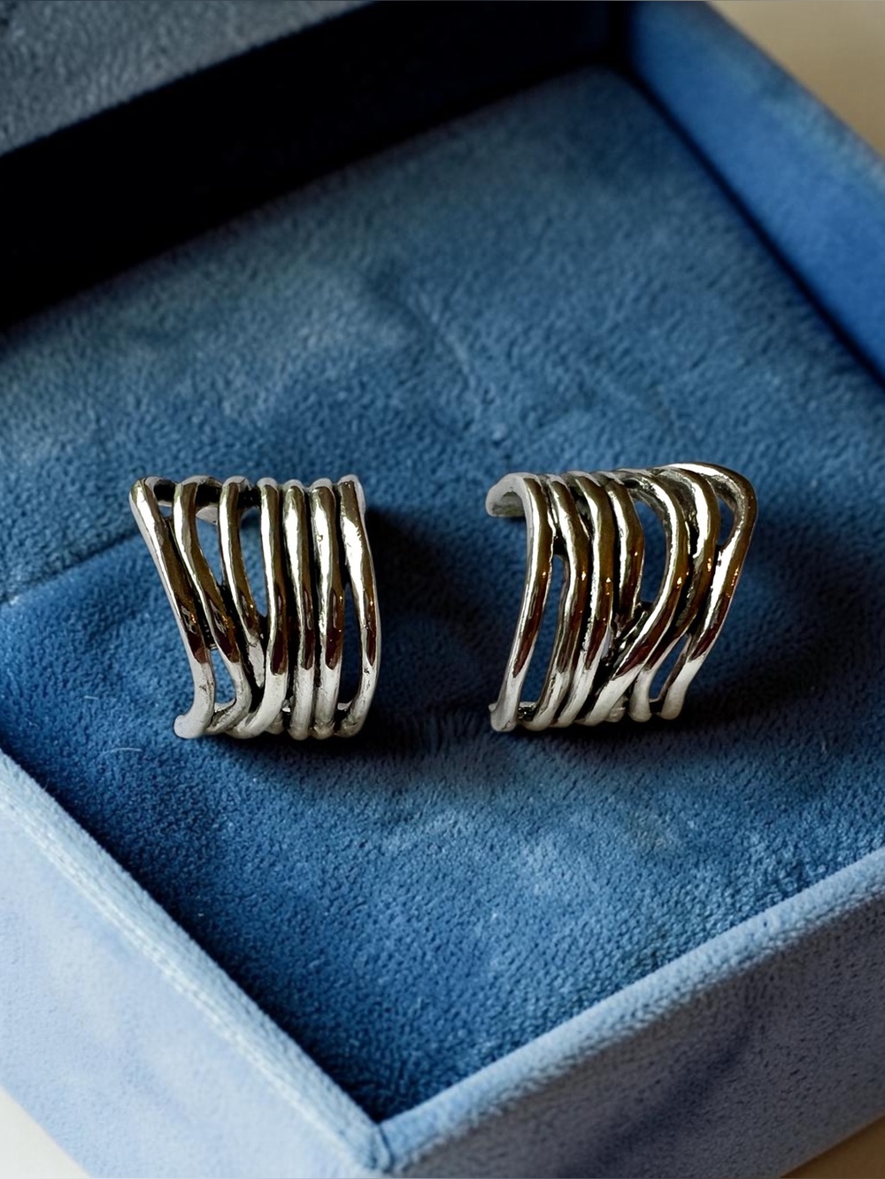 Silver-Tone Sculptural Wave Openwork Half Hoop Earrings, Bold Modernist Earrings